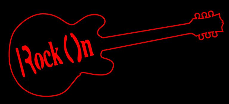 Red neon style guitar outline on black with Rock On red neon text