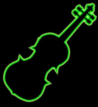A neon violin outline in green isolated over a black background