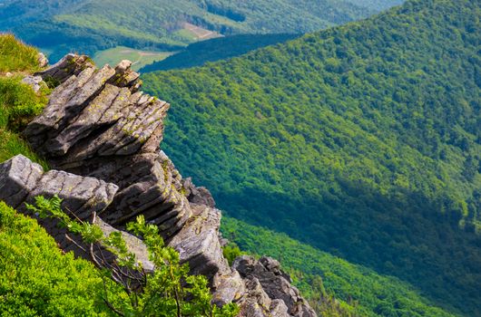 rocky cliffs above the forested valley. lovely summer scenery of Carpathian mountains