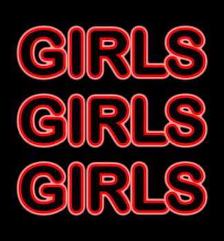 A red neon Girls Girls Girls sign over a black background