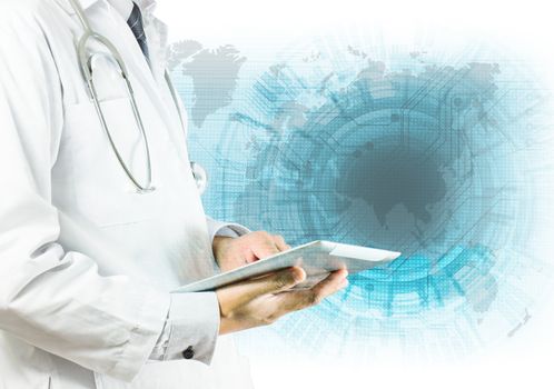 Doctor using a digital tablet with Technology Abstract Backgrounds