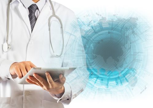 Doctor using a digital tablet with Technology Abstract Backgrounds