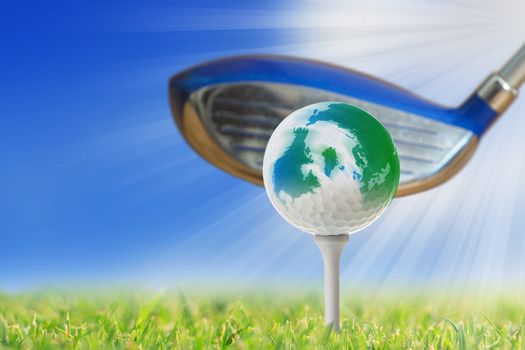 World golf ball on tee in golf course