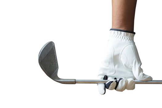 Golf player holding a golf club on a white background