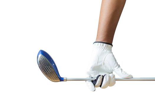 Golf player holding a golf club on a white background