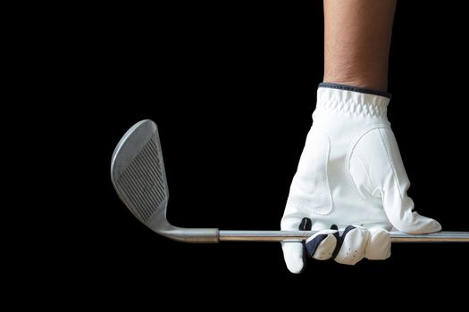 Golf player holding a golf club on a white background