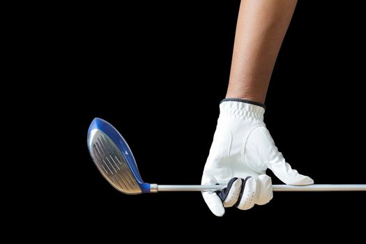 Golf player holding a golf club on a white background