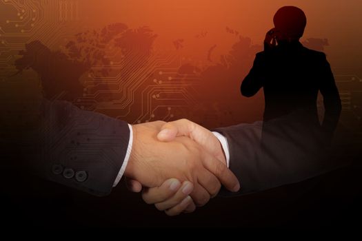 Double exposure of Technology concept, Successful Businessmen Handshaking in a Abstract Technology Backgrounds