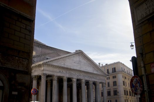 view of the Pantheon through the old buildings on the Rome centre