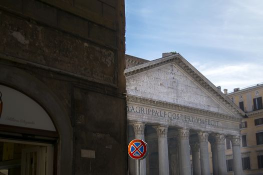 view of the Pantheon through the old buildings on the Rome centre