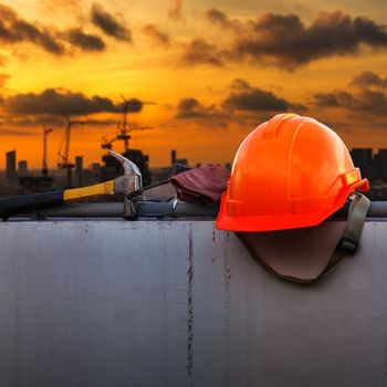 Construction helmet and Construction Tools on Construction site