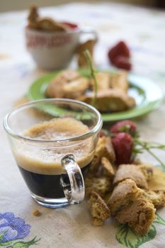 set table for morning breakfast with biscuits and fruit