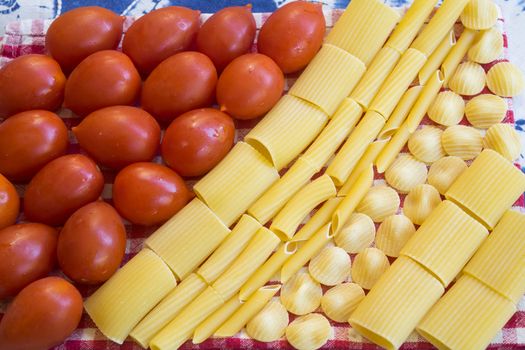 raw assorted pasta with fresh ripe tomatoes 