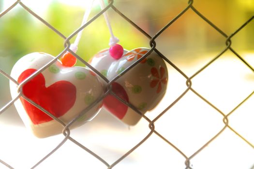 Heart toys on the cage metal net background