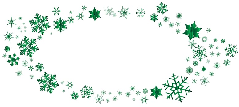 An oval of snowflakes in green over a white background