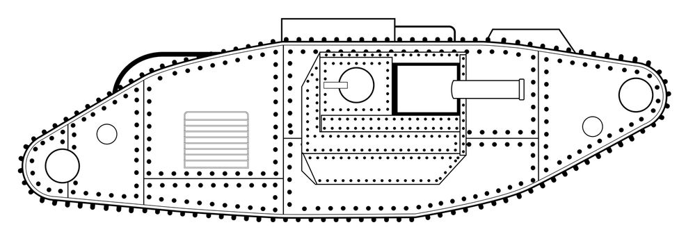 An early World War One tank line drawing over a white background