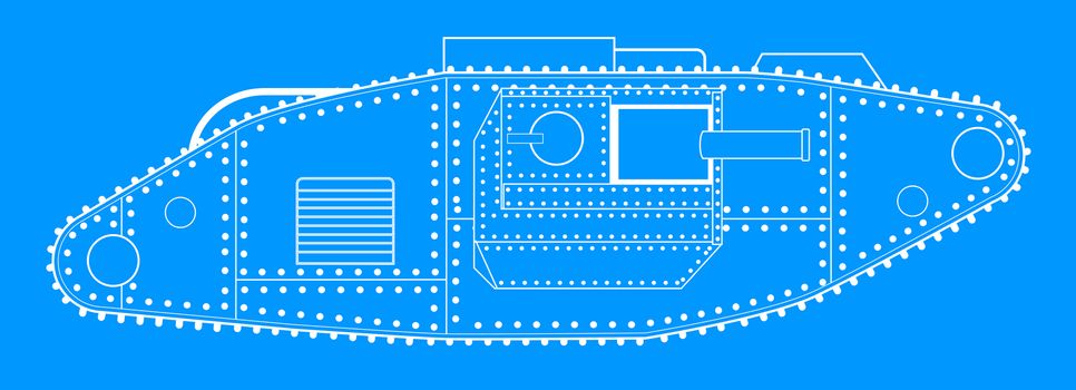 An early World War One tank blue print line drawing over a white background