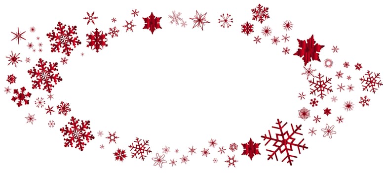 An oval of snowflakes in red over a white background