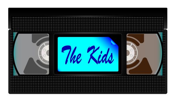 A typical old fashioned video cassette over a white background with the Kids text