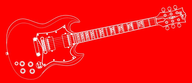 A solid body electric guitar in white outline drawing set in a red background.