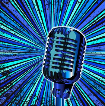 Abstract and retro grunge backround design element in blues with retro microphone