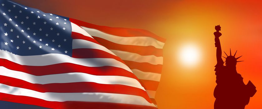 American flag and Statue of Liberty at sunset. American flag on a sunset background. American flag against the background of the sun.                                                                                             