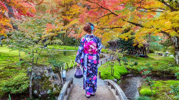 Asian woman wearing japanese traditional kimono in autumn park. Kyoto in Japan.