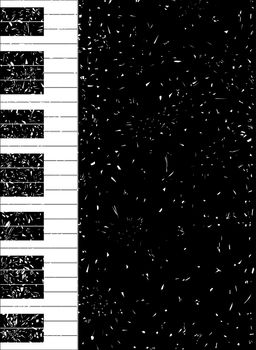Black and white piano keys set against a black grung fleck Background