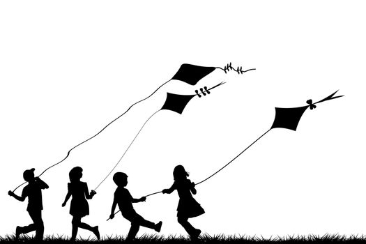 Children silhouettes playing with kites