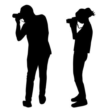 Silhouette of man and woman photographers on white background
