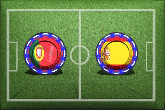 Football, World Cup 2018, game Group B, Portugal - Spain, Friday, June 15, Button with national flags on the green grass