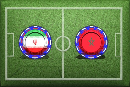 Football, World Cup 2018, Game Group B, Morocco - Iran, Friday, June 15, Button with national flags on the green grass.