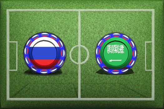 Football, World Cup 2018, game Group A, Russia - Saudi Arabia, Thursday, June 14, button with national flags on the green grass.