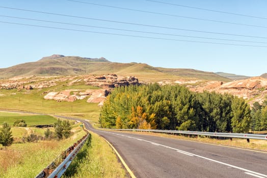 A farm landscape next to road R58 between Barkly-East and Barkly Pass in the Eastern Cape Province of South Africa