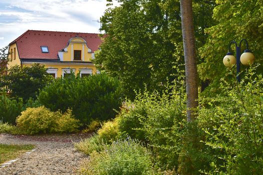 Urban historic background. Urban romantic park. Soft colors. Flowers and building on background. Selective focus.