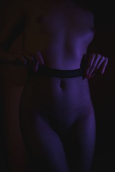 Crop shot of curvy female hips in fishnet tights standing in dark neon lights