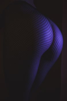 Back view of crop female with sexual ass in stockings in grid standing in darkness