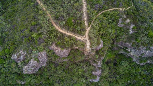 Overhead view of a lookout point and tracks leading in.  Blue Mountains Australia