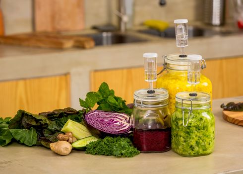 Preparing fermented preserved vegetables. Jars of cabbage kimchi and sauerkraut sour cabbage. 
