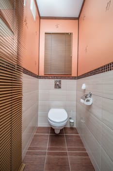 Toilet bowl in the bathroom. Restroom with brown tile decoration