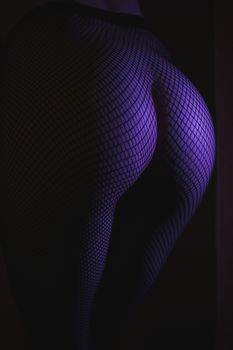 Back view of crop female with sexual ass in stockings in grid standing in darkness