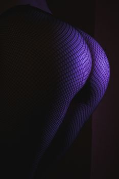 Back view of crop female with sexual ass in stockings in grid standing in darkness