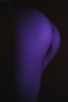 Back view of crop female with sexual ass in stockings in grid standing in darkness