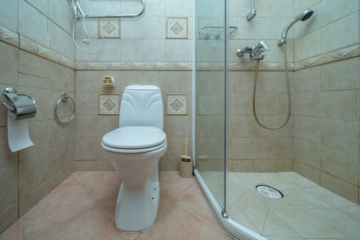 Toilet bowl in small bathroom with shower Room with brown tile decoration