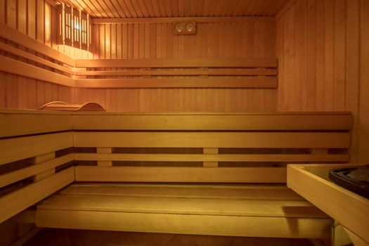 Sauna room interior Finnish heat bath made of natural wood