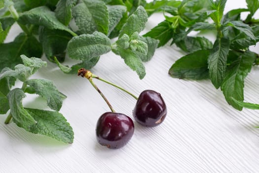 Vinous red cherries with green herbal mix of fresh mint and melissa herbs on white wooden background