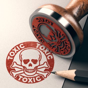 3D illustration of a rubber stamp with skull, bones and the text toxic stamped on paper background