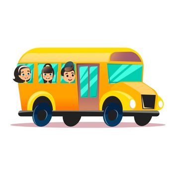 Flat school bus. School kids riding a schoolbus. Back to school flat concept. Happy schoolchildren are watching from windows.