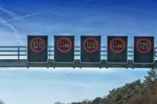 Signage, signage bridge over the motorway A 2 direction Dortmund in Germany.