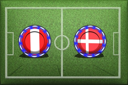 Football, World Cup 2018, Game Group C, Peru - Denmark, Saturday, June 16, Button with national flags on the green grass.
